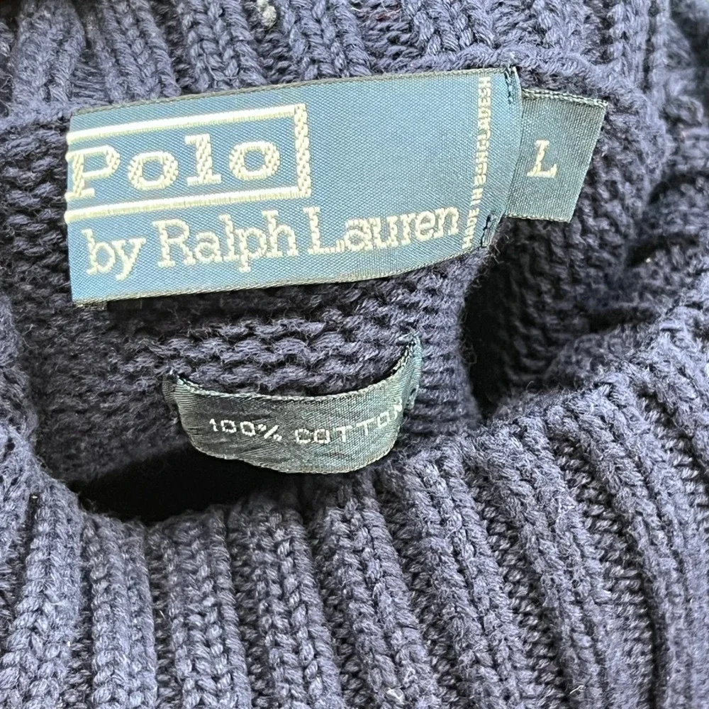 Polo Ralph Lauren Mens Navy Blue Red Stripe Turtleneck Cotton Knit Sweater Large